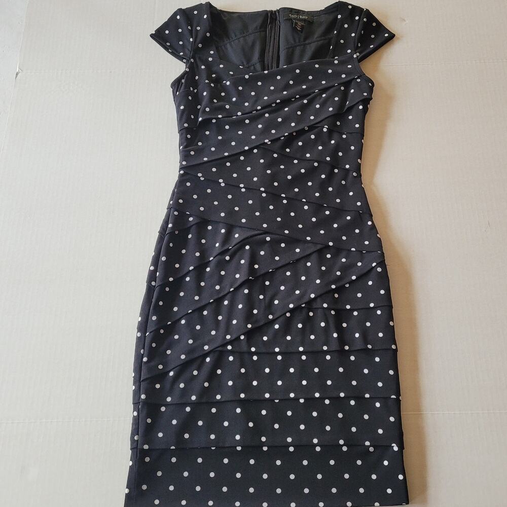 White House Black Market Black White Polka Dot Sheath Dress Cap Sleeve Retro 0